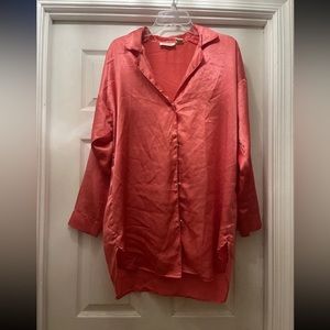 Victoria's Secret GOLD LABEL Orange Coral Satin Top Button Sleep Shirt Gown M/L